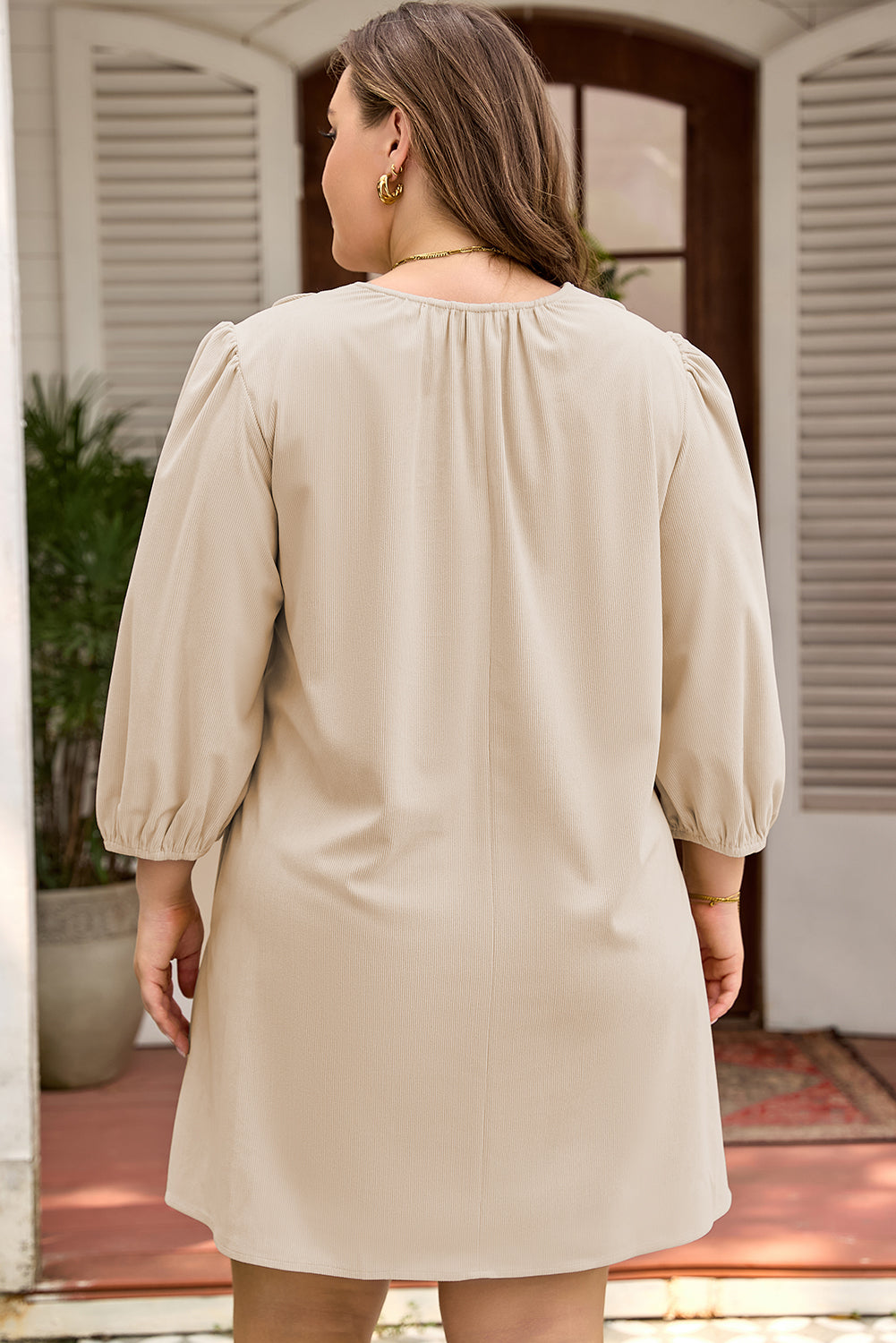 Parchment Notched Neck Scallop Detail Plus Size Mini Dress-TOPS / DRESSES-[Adult]-[Female]-2022 Online Blue Zone Planet