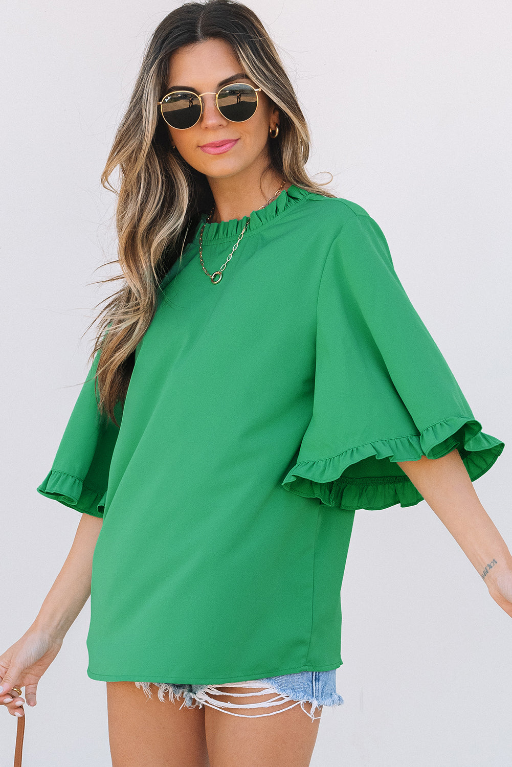 Blue Zone Planet | Green Frilly Round Neck Wide Half Sleeve Blouse-Tops/Blouses & Shirts-[Adult]-[Female]-2022 Online Blue Zone Planet