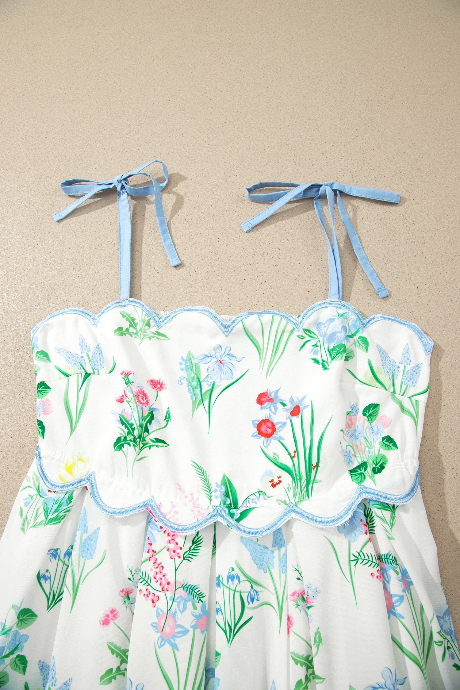 Beige Floral Print Contrast Trim Self-tie Straps High Waist Midi Dress-TOPS / DRESSES-[Adult]-[Female]-2022 Online Blue Zone Planet