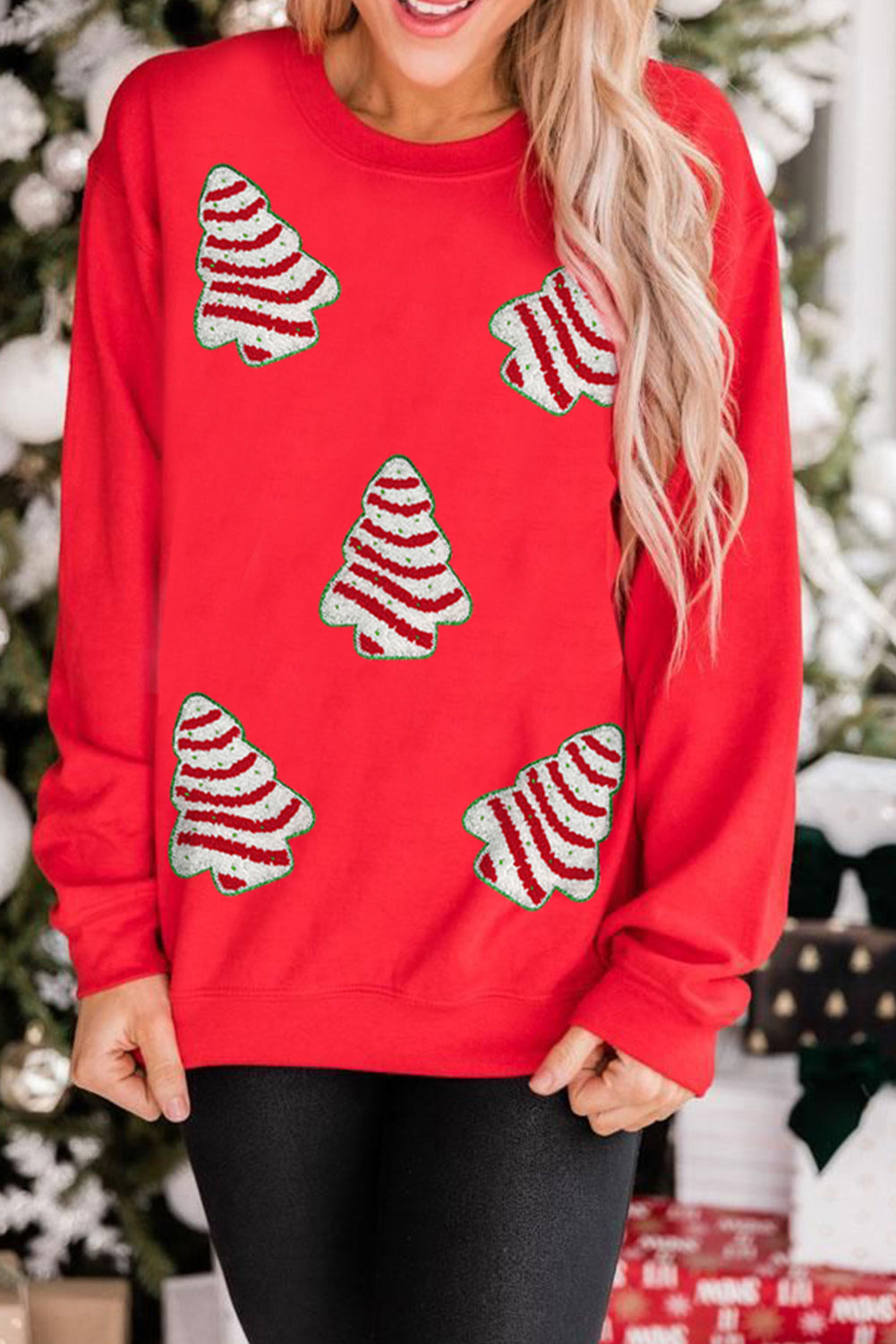 Red Playful Christmas Tree Patched Dropped Shoulder Sweatshirt-Graphic/Graphic Sweatshirts-[Adult]-[Female]-2022 Online Blue Zone Planet