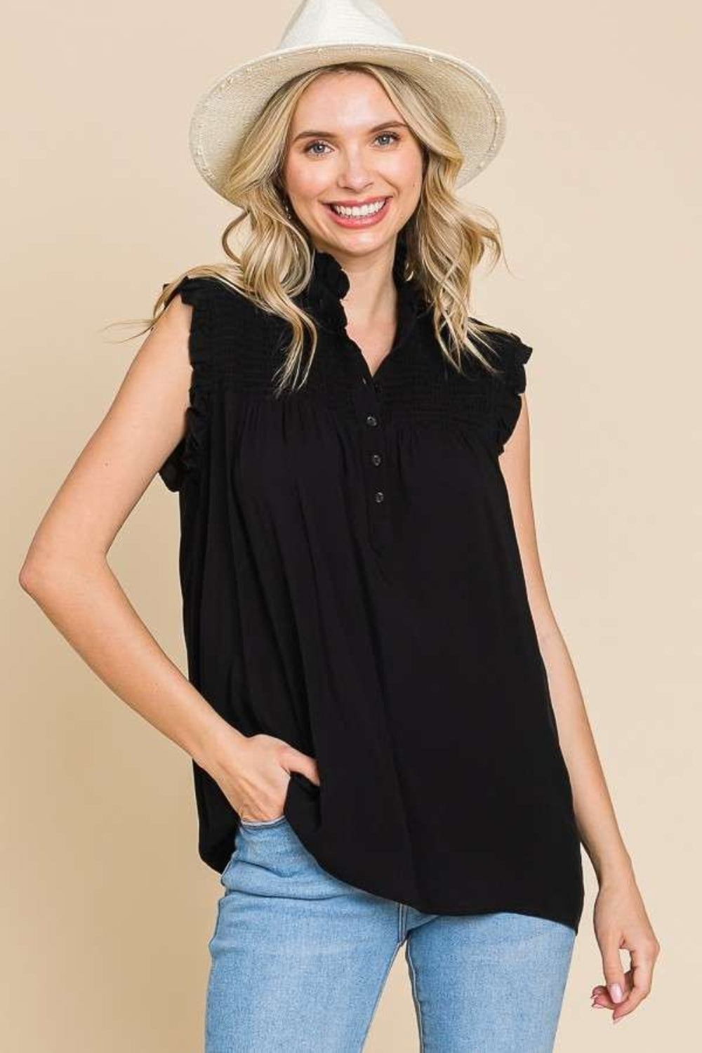 Blue Zone Planet | Culture Code Full Size Frill Edge Smocked Sleeveless Top-TOPS / DRESSES-[Adult]-[Female]-Black-S-2022 Online Blue Zone Planet