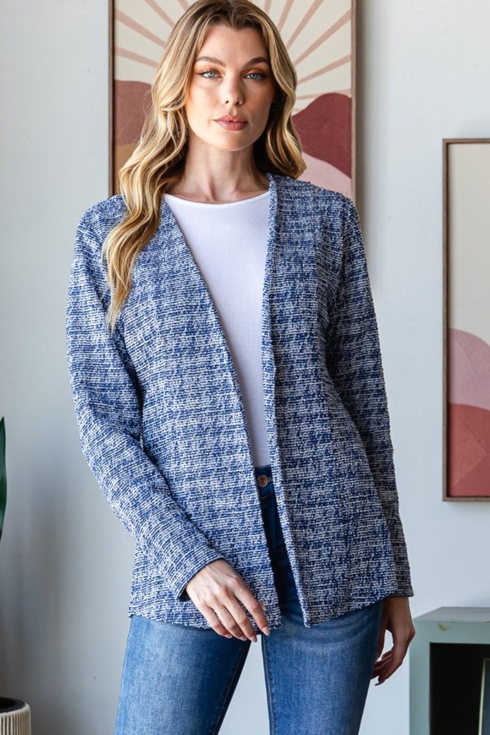 Blue Zone Planet | Heimish Full Size Houndstooth Tweed Open Front Blazer-TOPS / DRESSES-[Adult]-[Female]-Royal-S-2022 Online Blue Zone Planet