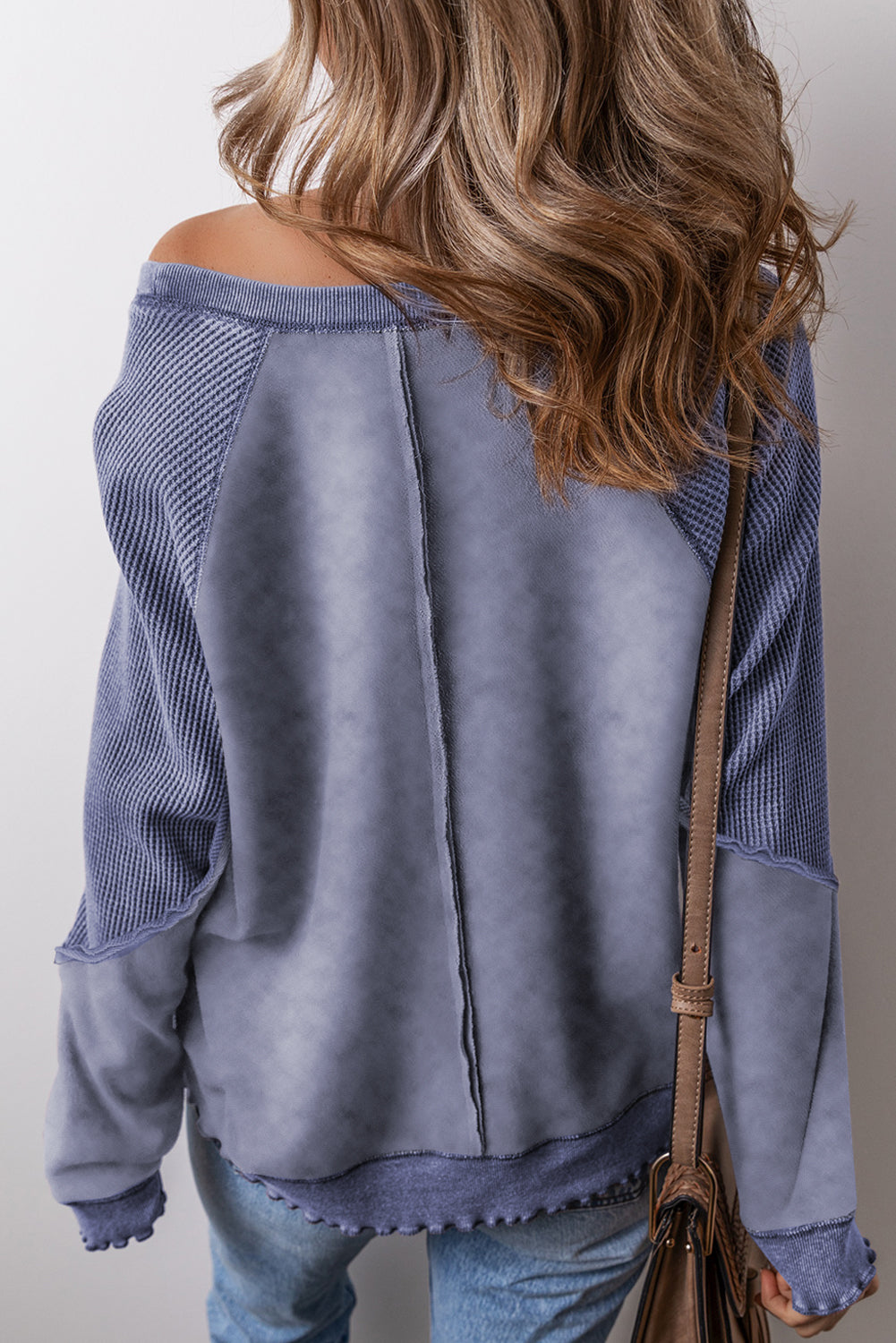 Orchid Petal Solid Waffle Knit Patchwork Raglan Sleeve Sweatshirt-Tops/Sweatshirts & Hoodies-[Adult]-[Female]-2022 Online Blue Zone Planet