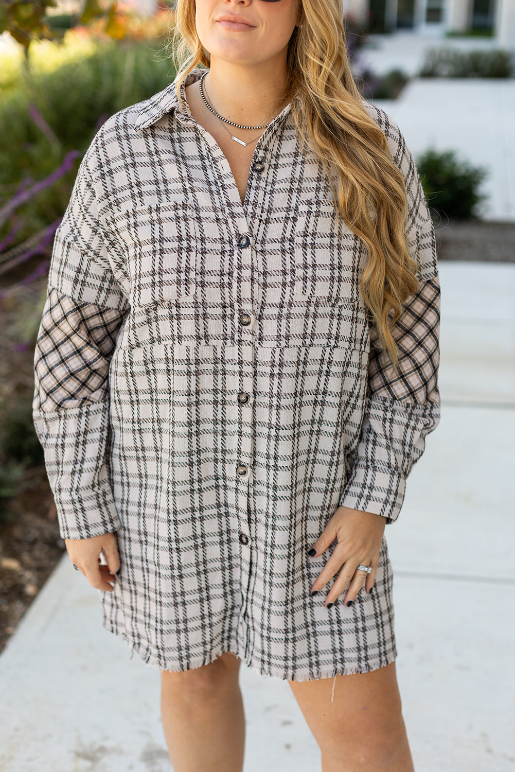 Blue Zone Planet | White Stripe Plus Size Plaid Buttoned Raw Hem Tunic Shirt Dress-TOPS / DRESSES-[Adult]-[Female]-2022 Online Blue Zone Planet