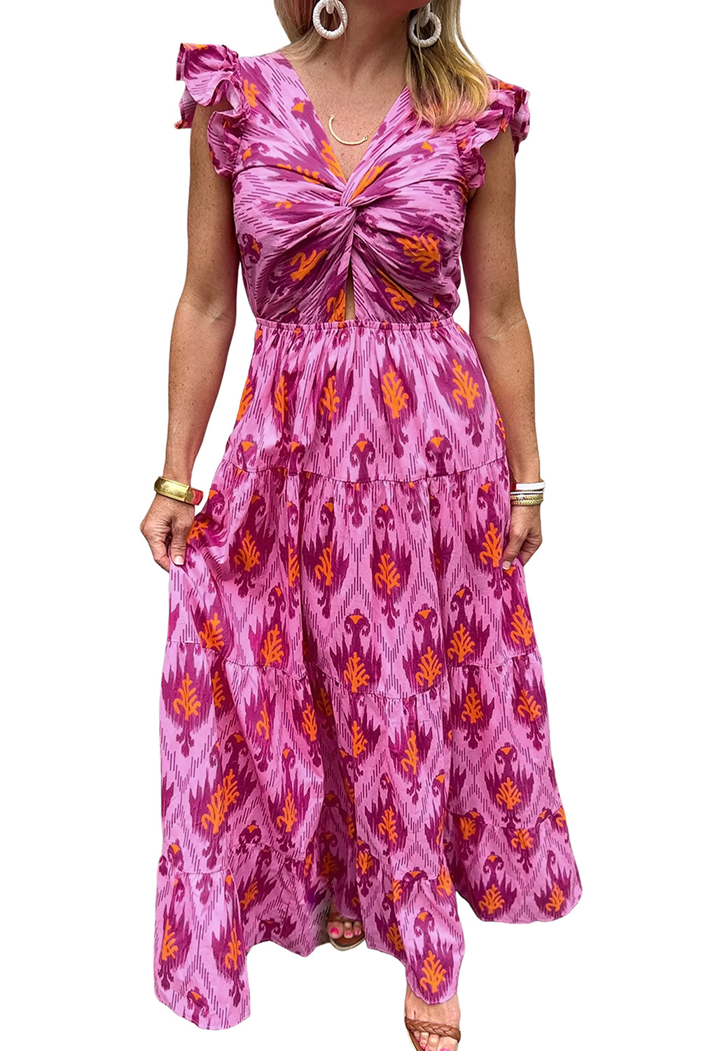 Bonbon Retro Print Twisted Front Ruffled Sleeve Maxi Dress-Dresses/Maxi Dresses-[Adult]-[Female]-2022 Online Blue Zone Planet