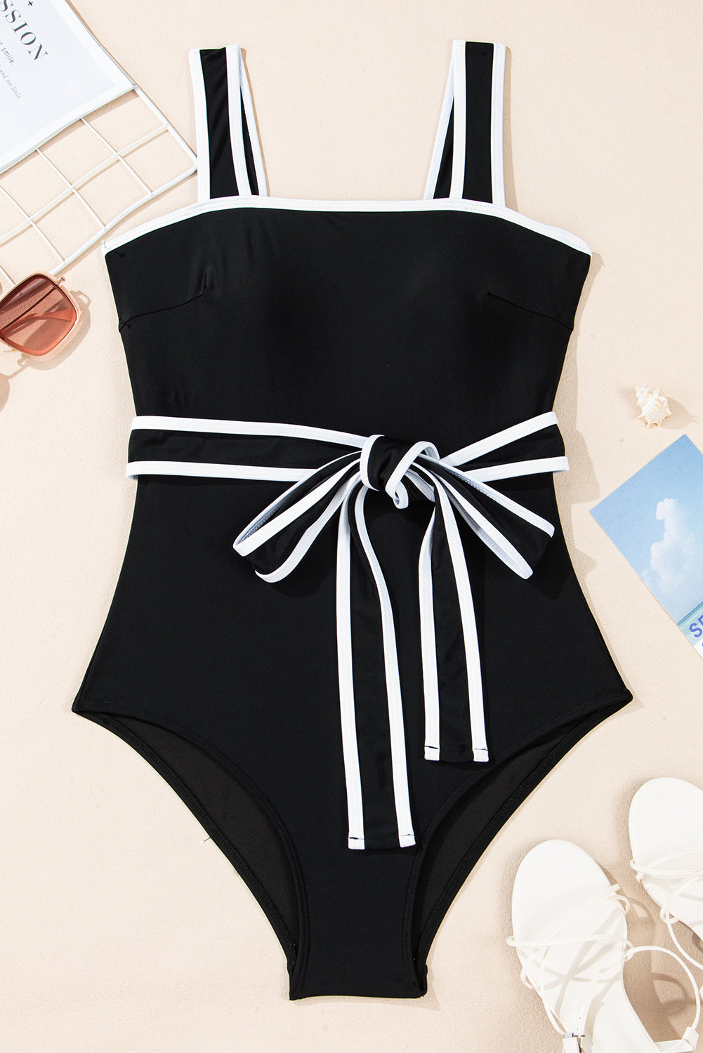 Black Colorblock Edge Belted One Piece Swimsuit-One-Piece-[Adult]-[Female]-2022 Online Blue Zone Planet