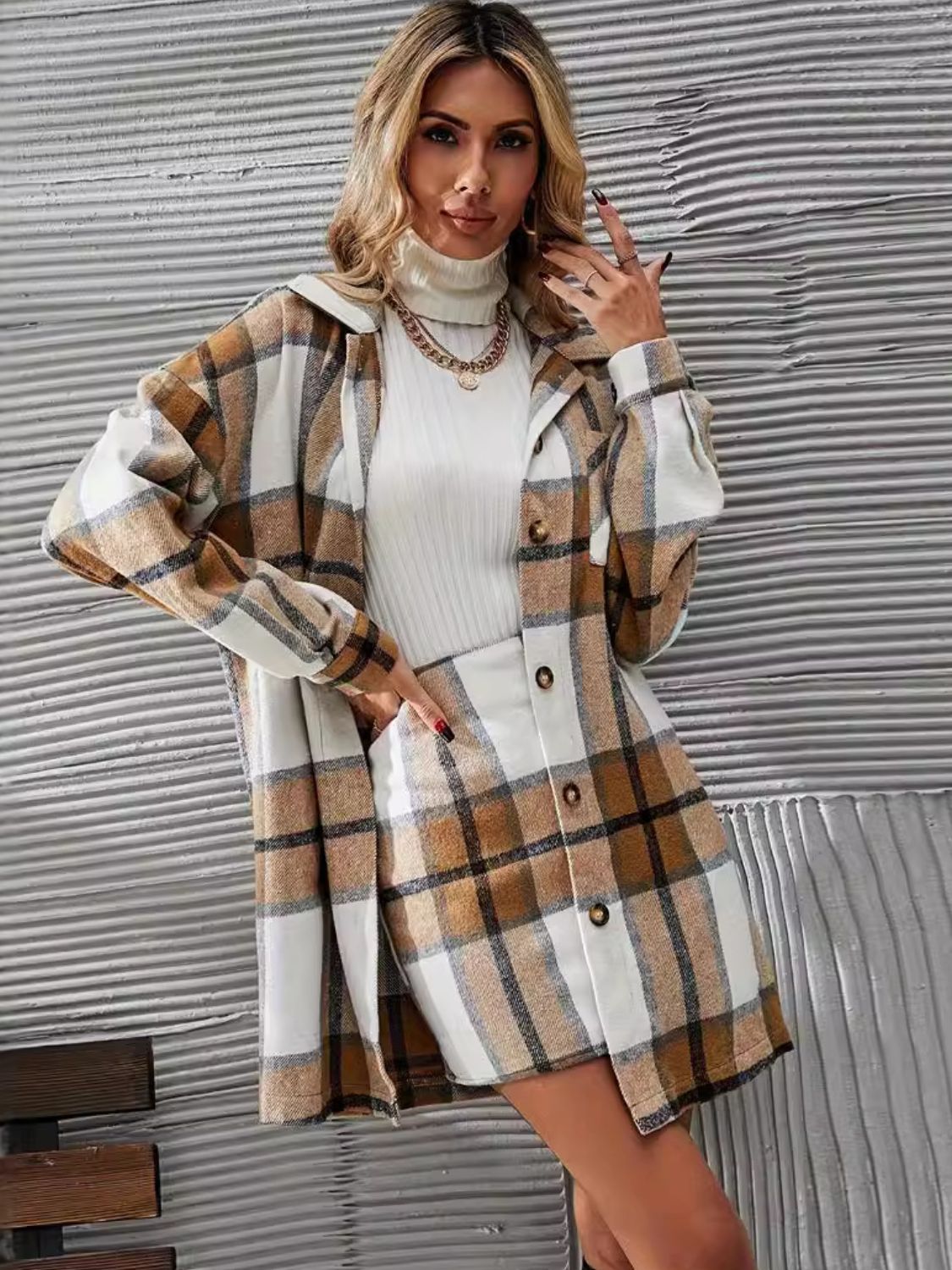 Plaid Button Up Long Sleeve Coat and Skirt Set-TOPS / DRESSES-[Adult]-[Female]-Camel-S-2022 Online Blue Zone Planet