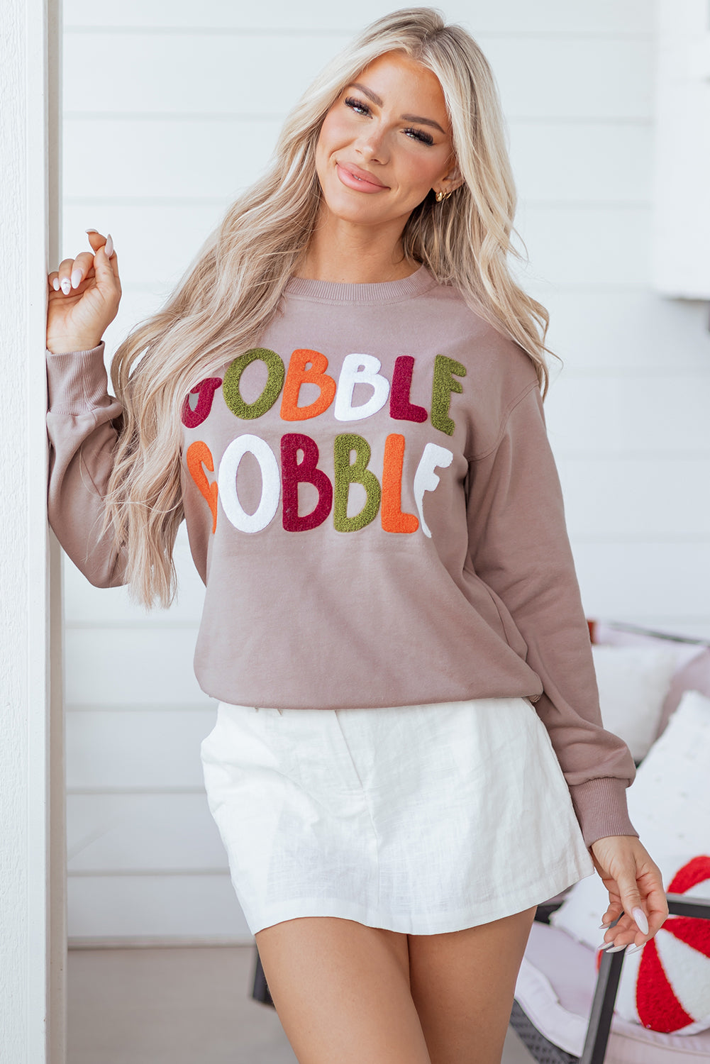 Dark Khaki GOBBLE Letter Graphic Thanksgiving Shift Sweatshirt-Tops/Sweatshirts & Hoodies-[Adult]-[Female]-2022 Online Blue Zone Planet