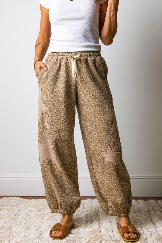 Khaki Leopard Print Star Patched Drawstring Elastic Waist Jogger Pants-Bottoms/Pants & Culotte-[Adult]-[Female]-Khaki-S-2022 Online Blue Zone Planet