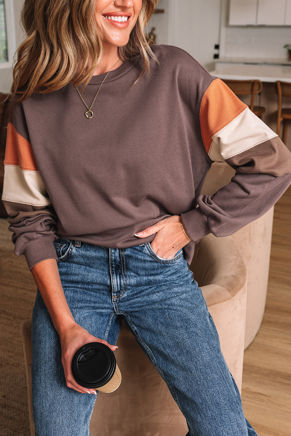 Dark Khaki Color Block Drop Shoulder Pullover Casual Sweatshirt-Tops/Sweatshirts & Hoodies-[Adult]-[Female]-2022 Online Blue Zone Planet