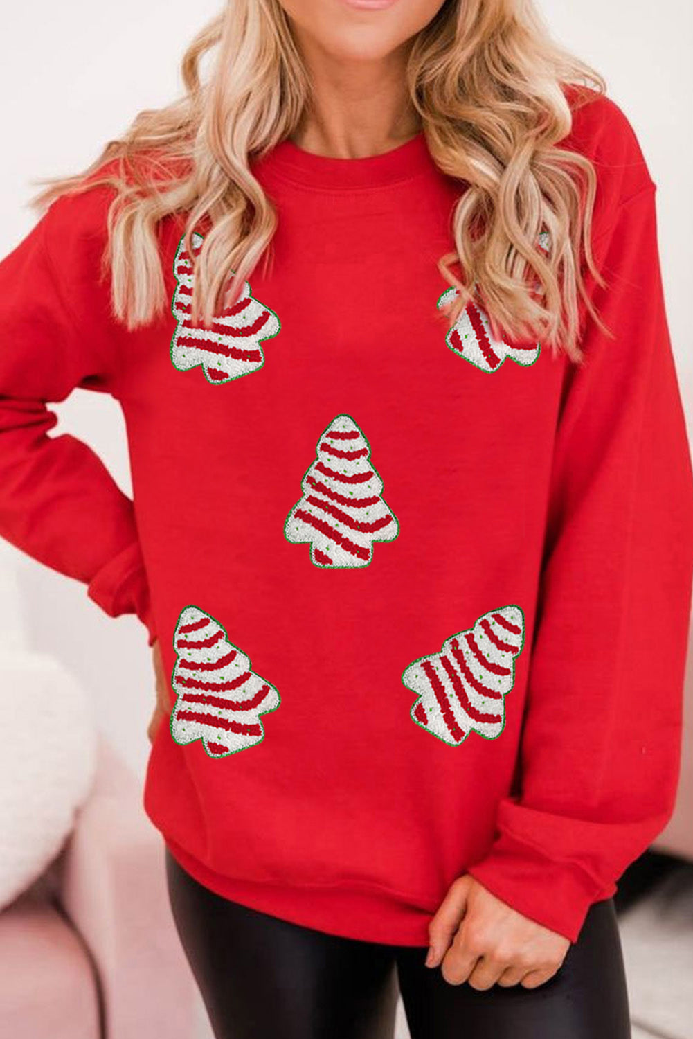 Red Playful Christmas Tree Patch Application Dropped Shoulder Sweatshirt-Graphic Sweatshirts-[Adult]-[Female]-2022 Online Blue Zone Planet