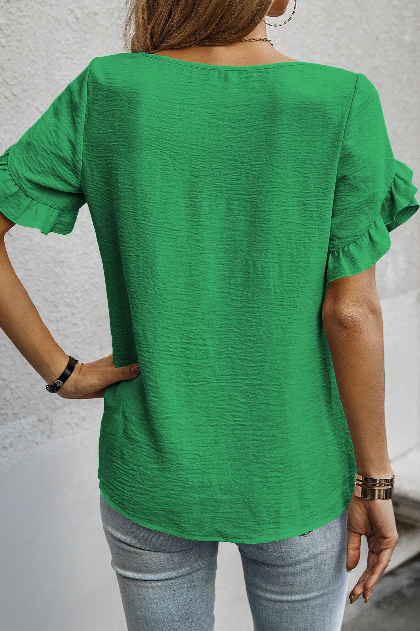 Sea Green Solid Color Ruffle Trim Short Sleeve Blouse-Tops/Blouses & Shirts-[Adult]-[Female]-2022 Online Blue Zone Planet
