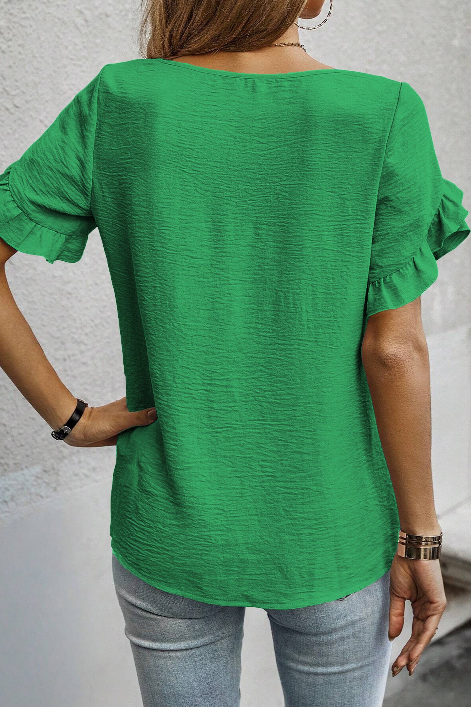 Sea Green Solid Color Ruffle Trim Short Sleeve Blouse-Tops/Blouses & Shirts-[Adult]-[Female]-2022 Online Blue Zone Planet