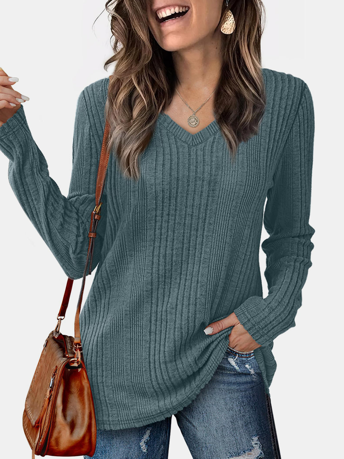 V-Neck Long Sleeve T-Shirt-TOPS / DRESSES-[Adult]-[Female]-French Blue-S-2022 Online Blue Zone Planet