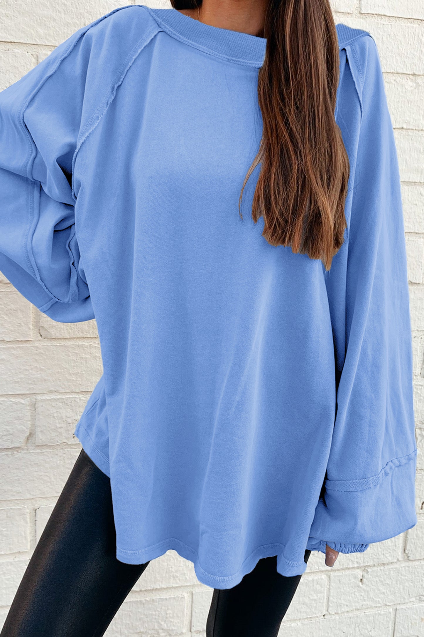 Beau Blue Solid Color Raw Seam Patchwork Baggy Sweatshirt-Tops/Sweatshirts & Hoodies-[Adult]-[Female]-Beau Blue-S-2022 Online Blue Zone Planet