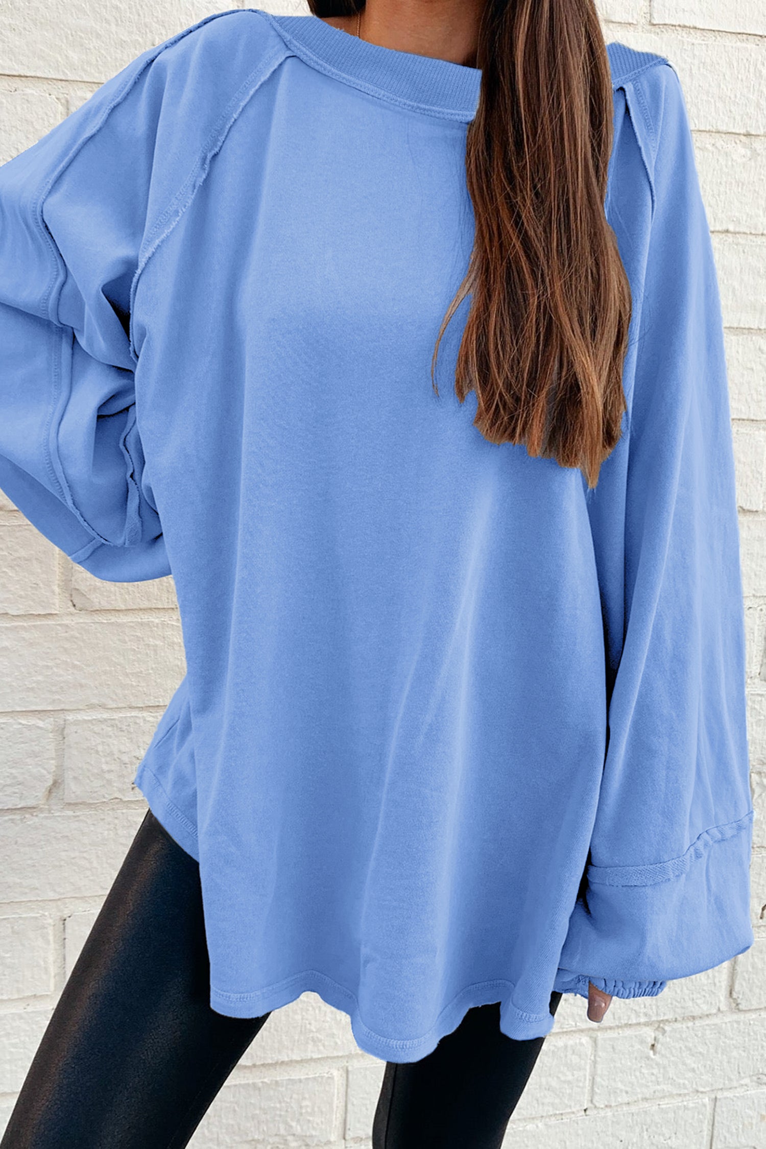 Beau Blue Solid Color Raw Seam Patchwork Baggy Sweatshirt-Tops/Sweatshirts & Hoodies-[Adult]-[Female]-Beau Blue-S-2022 Online Blue Zone Planet