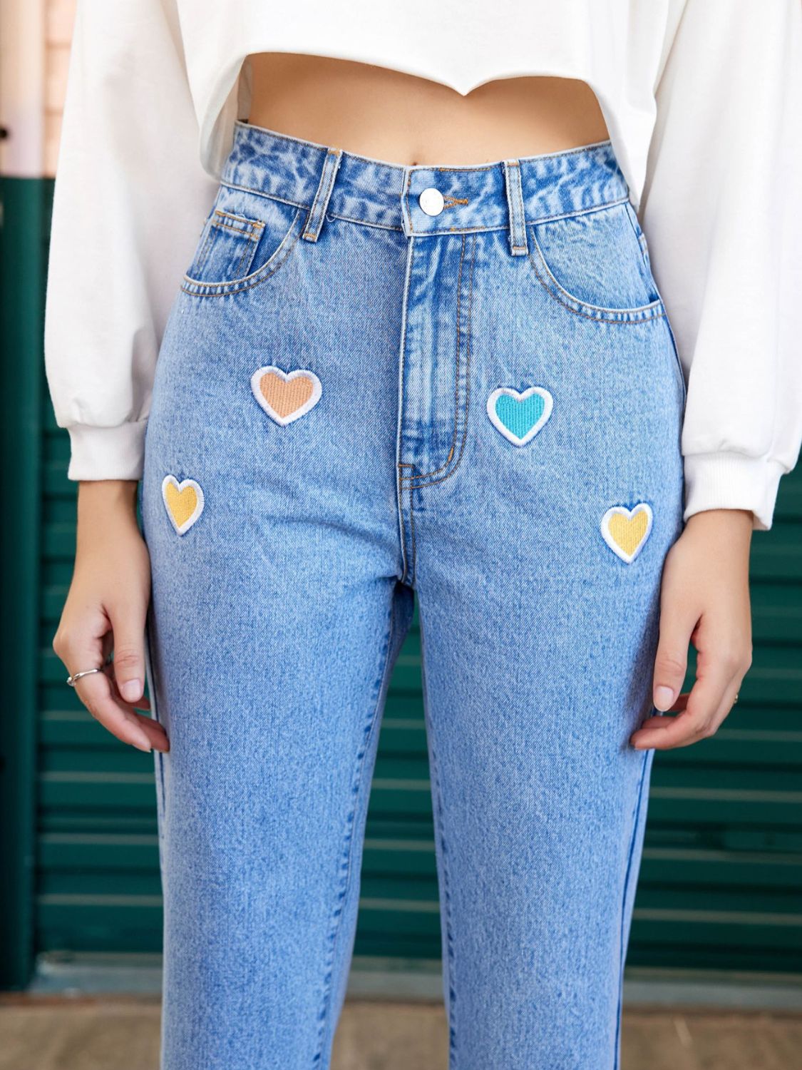 Heart Straight Leg Jeans with Pockets-BOTTOMS SIZES SMALL MEDIUM LARGE-[Adult]-[Female]-2022 Online Blue Zone Planet