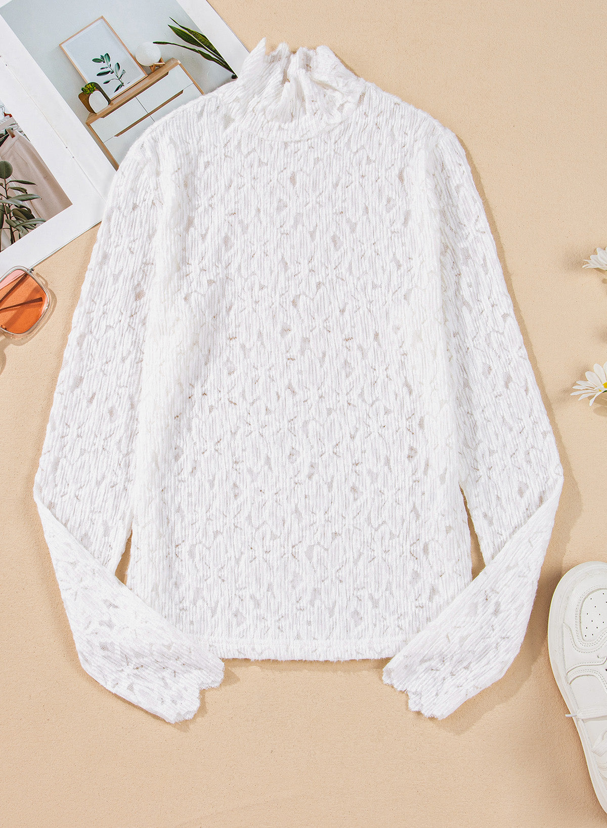 Flower Lace Mock Neck Long Sleeve Top-TOPS / DRESSES-[Adult]-[Female]-2022 Online Blue Zone Planet