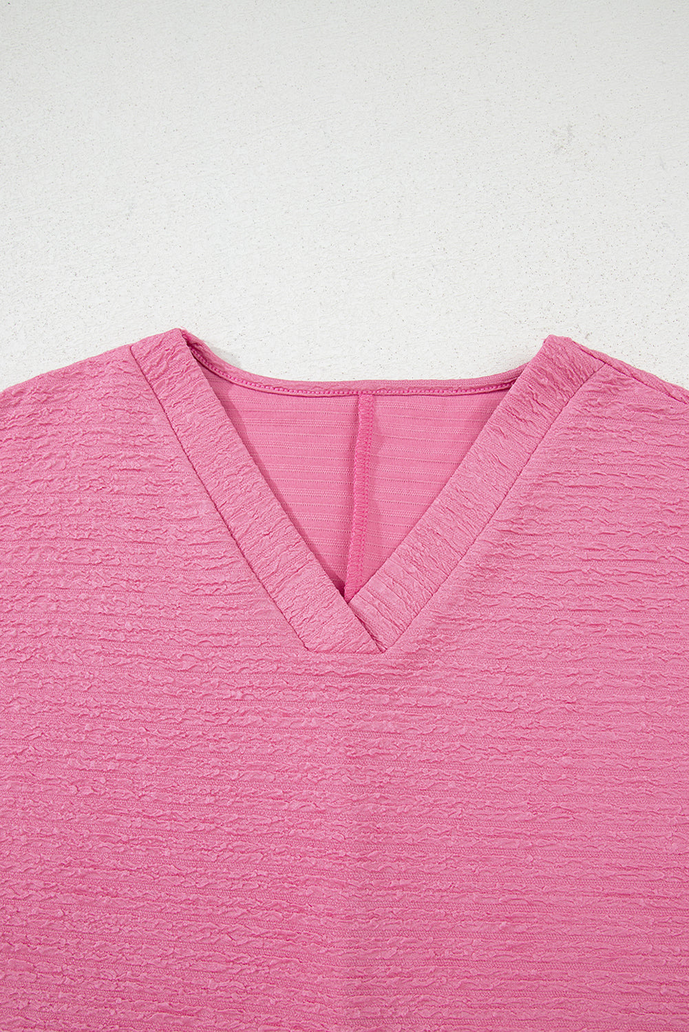 Pink Textured V Neck T Shirt And Shorts Set-Two Piece Sets/Short Sets-[Adult]-[Female]-2022 Online Blue Zone Planet
