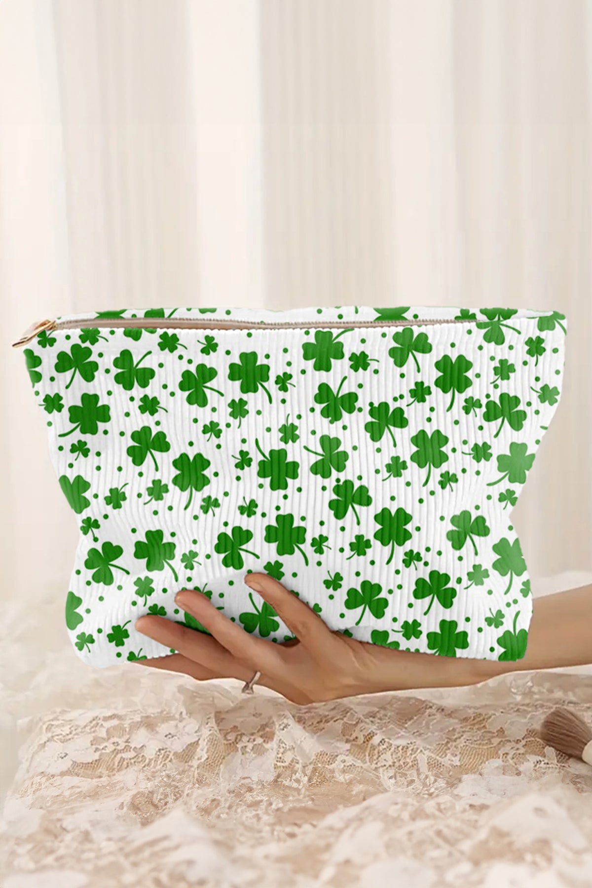 Blackish Green St Patricks Lucky Clover Printed Soft Ribbed Makeup Bag-Shoes & Bags/Makeup Bags-[Adult]-[Female]-White-ONE SIZE-2022 Online Blue Zone Planet