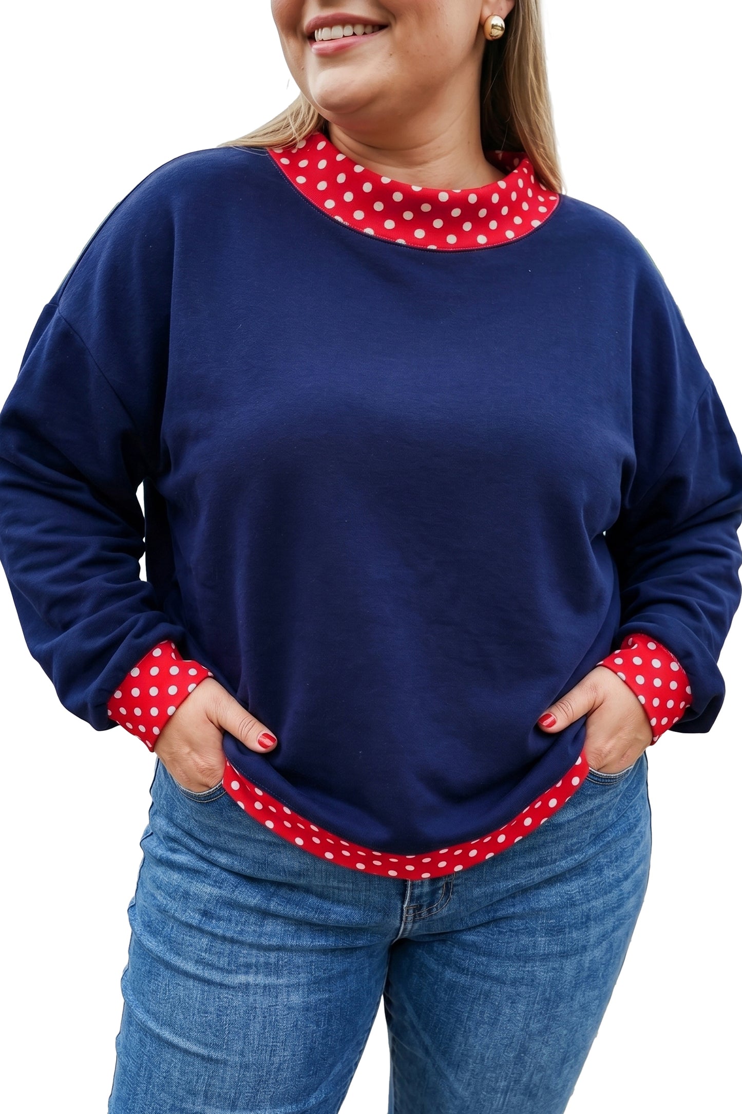 Orange Polka Dot Patchwork Round Neck Plus Size Sweatshirt-Plus Size/Plus Size Sweatshirts & Hoodies-[Adult]-[Female]-2022 Online Blue Zone Planet