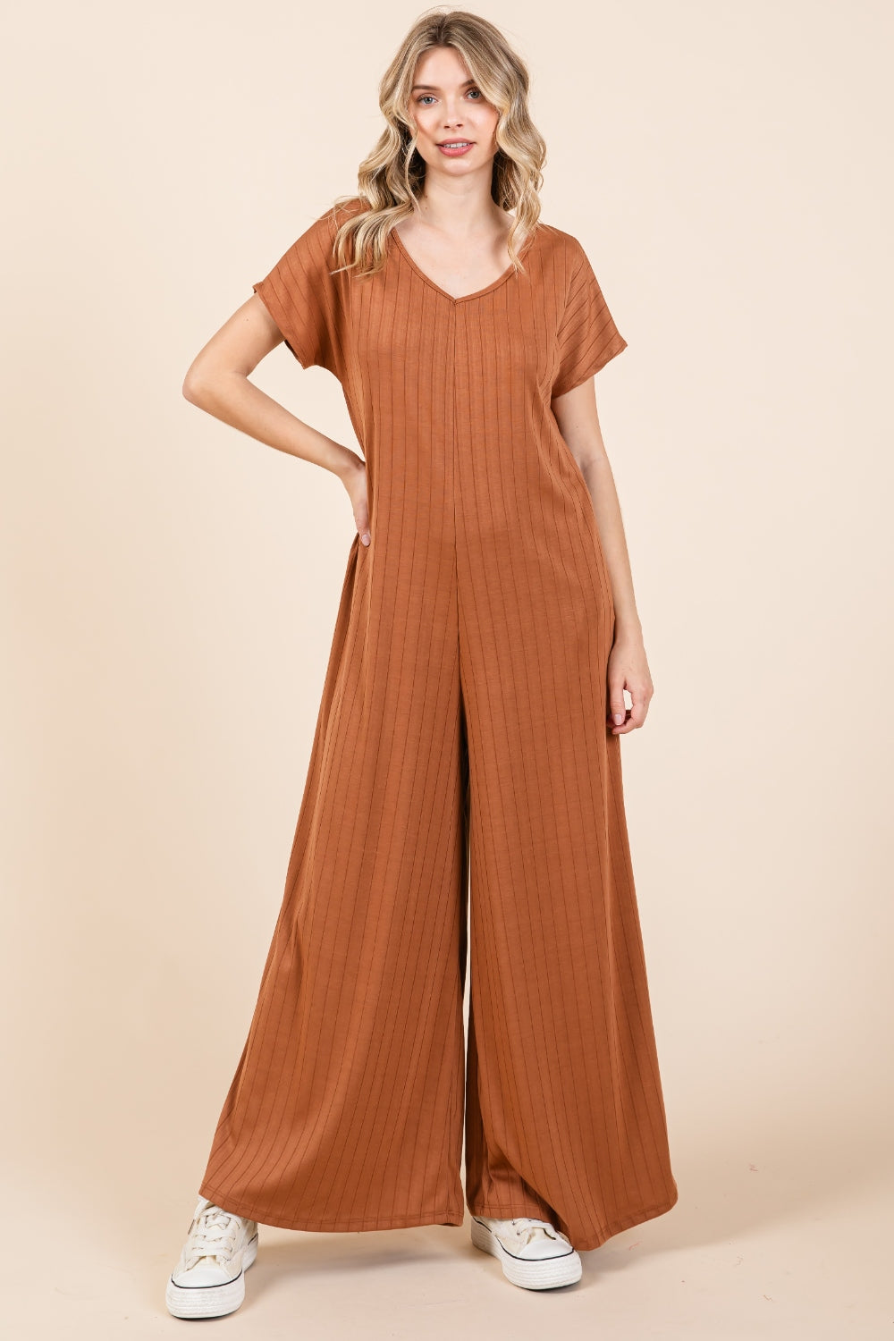 Blue Zone Planet | BOMBOM Ribbed Short Sleeve Wide Leg Jumpsuit-TOPS / DRESSES-[Adult]-[Female]-2022 Online Blue Zone Planet