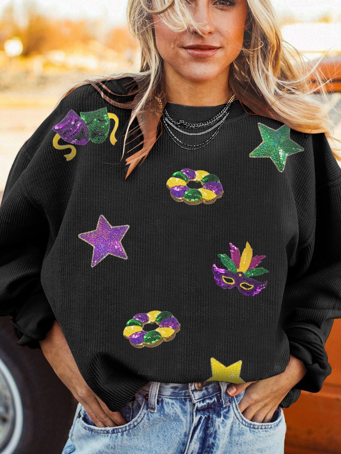 Sequin Round Neck Long Sleeve Sweatshirt-TOPS / DRESSES-[Adult]-[Female]-Black-S-2022 Online Blue Zone Planet
