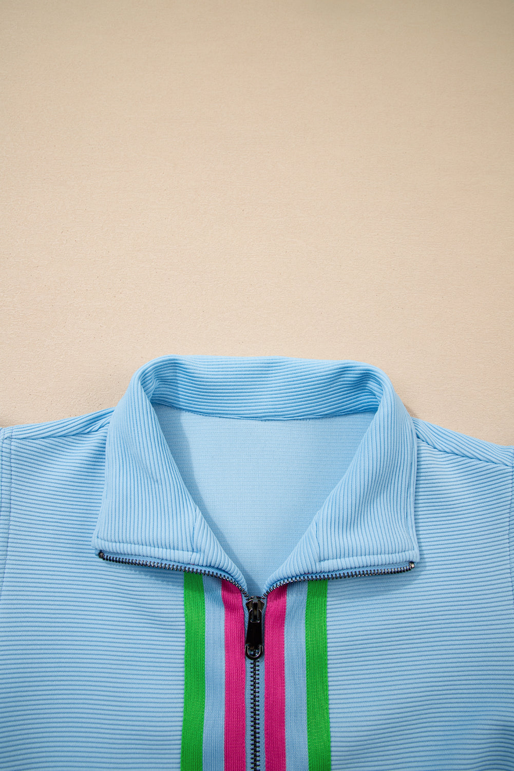 Beau Blue Striped Detail Flutter Sleeve Zipped Collar Short Set-Two Piece Sets/Short Sets-[Adult]-[Female]-2022 Online Blue Zone Planet