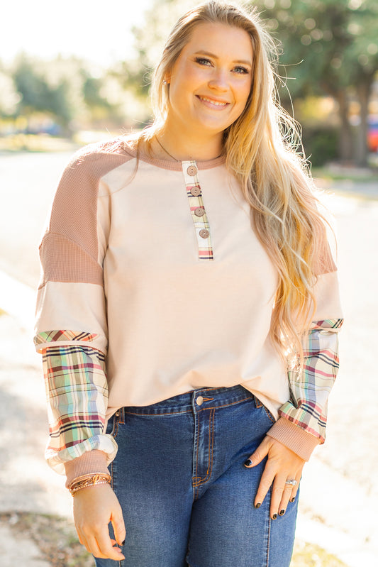 Parchment Plus Size Plaid Patchwork Layered Henley Top-Plus Size/Plus Size Tops/Plus Size Long Sleeve Tops-[Adult]-[Female]-Parchment-1X-2022 Online Blue Zone Planet