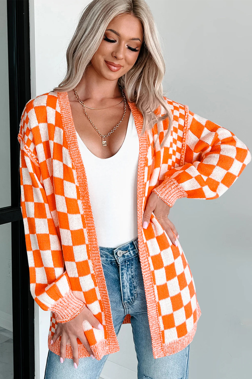 Orange Checkered Open Front Drop Shoulder Cardigan-Sweaters & Cardigans/Cardigans-[Adult]-[Female]-2022 Online Blue Zone Planet