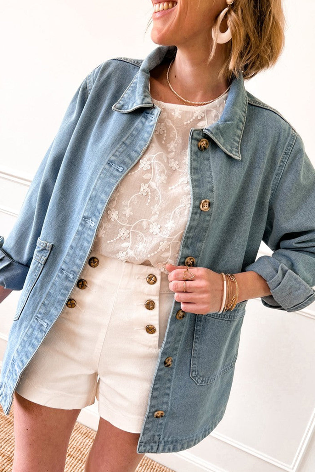 Blue Zone Planet | Dusk Blue Slit Buttons Pocketed Denim Jacket-Outerwear/Denim jackets-[Adult]-[Female]-2022 Online Blue Zone Planet