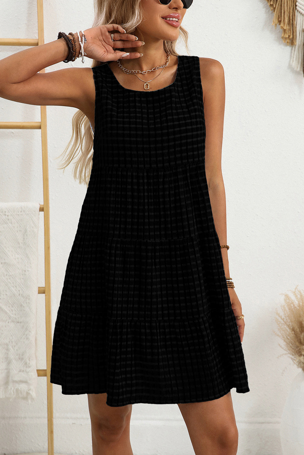 White Gingham High Waist Sleeveless Mini Dress-Short Dresses-[Adult]-[Female]-2022 Online Blue Zone Planet