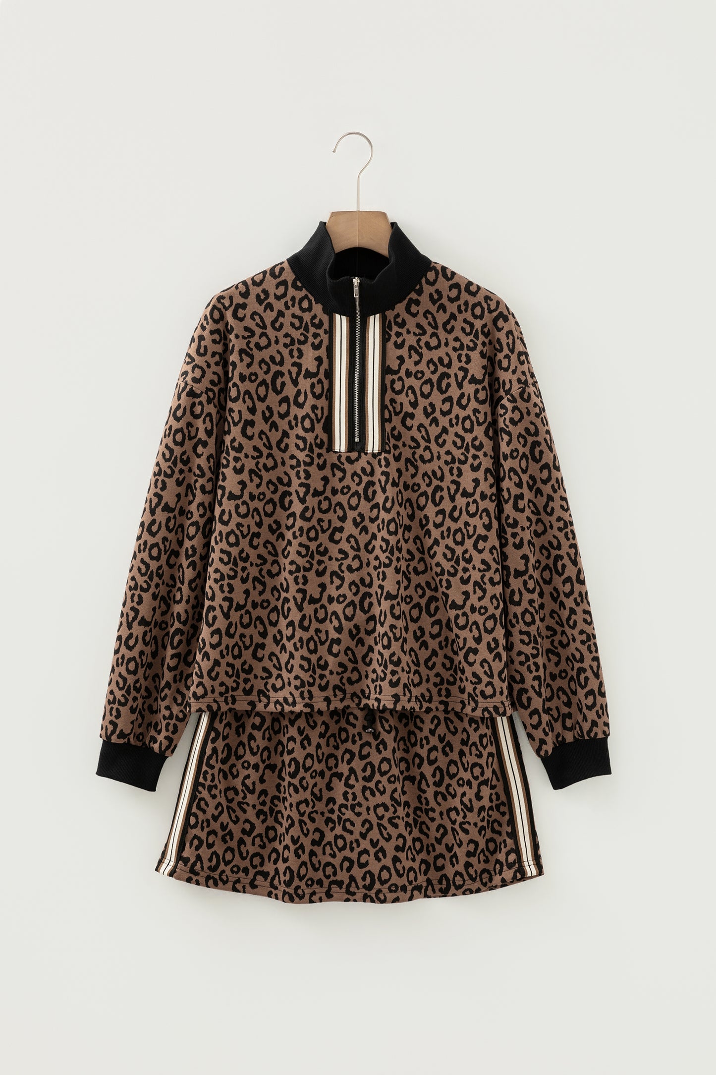 Khaki Leopard Print Quarter Zip Long Sleeve Top Mini Skirt Set-Two Piece Sets/Two Piece Dresses-[Adult]-[Female]-2022 Online Blue Zone Planet