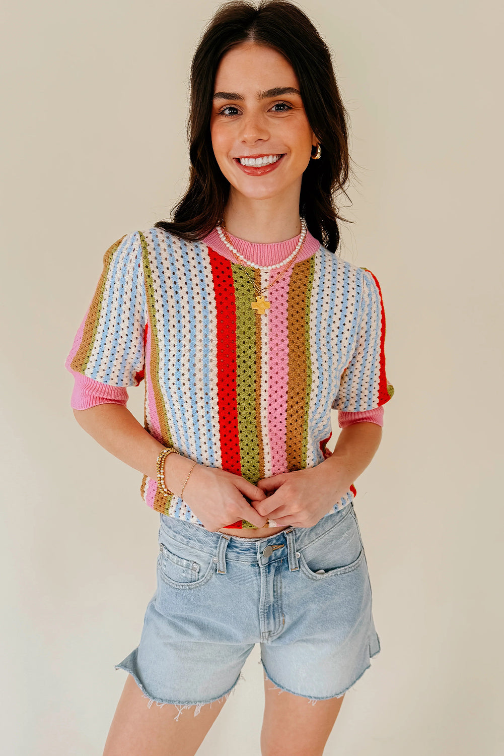 Multicolour Striped Pointelle Knit Short Sleeve Sweater-Sweaters & Cardigans/Short Sleeve Sweaters-[Adult]-[Female]-2022 Online Blue Zone Planet