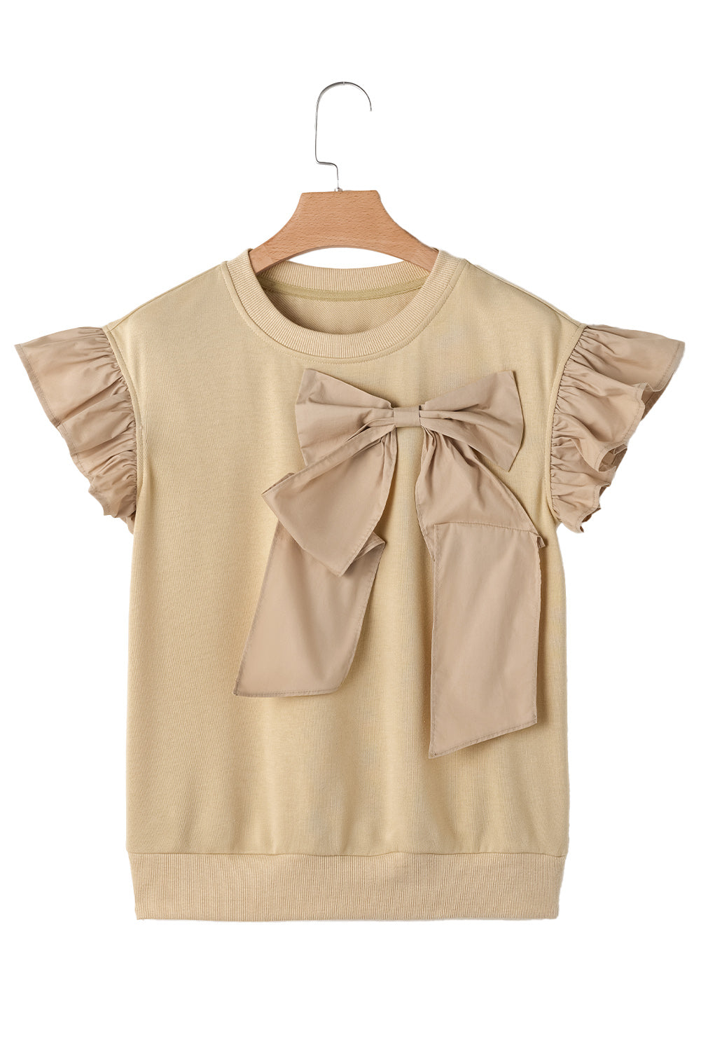 Parchment Ribbon Bow Ruffle Sleeve Round Neck Top-Blouses-[Adult]-[Female]-2022 Online Blue Zone Planet