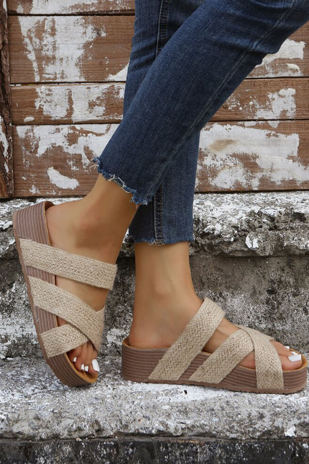 Beige Woven Cross Criss Hollowed Slip-On Slippers-Shoes & Bags/Slippers-[Adult]-[Female]-2022 Online Blue Zone Planet
