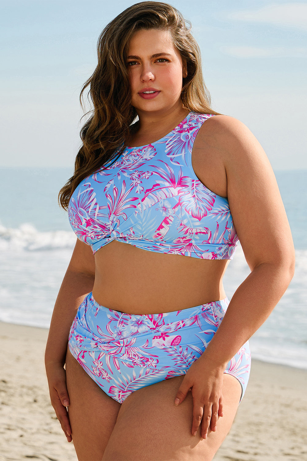 Sky Blue Plus Size Floral Print Twisted High Waist Bikini Set-Plus Size/Plus Size Swimwear-[Adult]-[Female]-2022 Online Blue Zone Planet