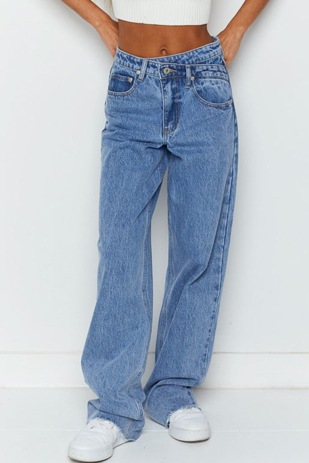 Blue Mid Rise Asymmetrical Waist Wide Leg Jeans-Bottoms/Jeans-[Adult]-[Female]-2022 Online Blue Zone Planet