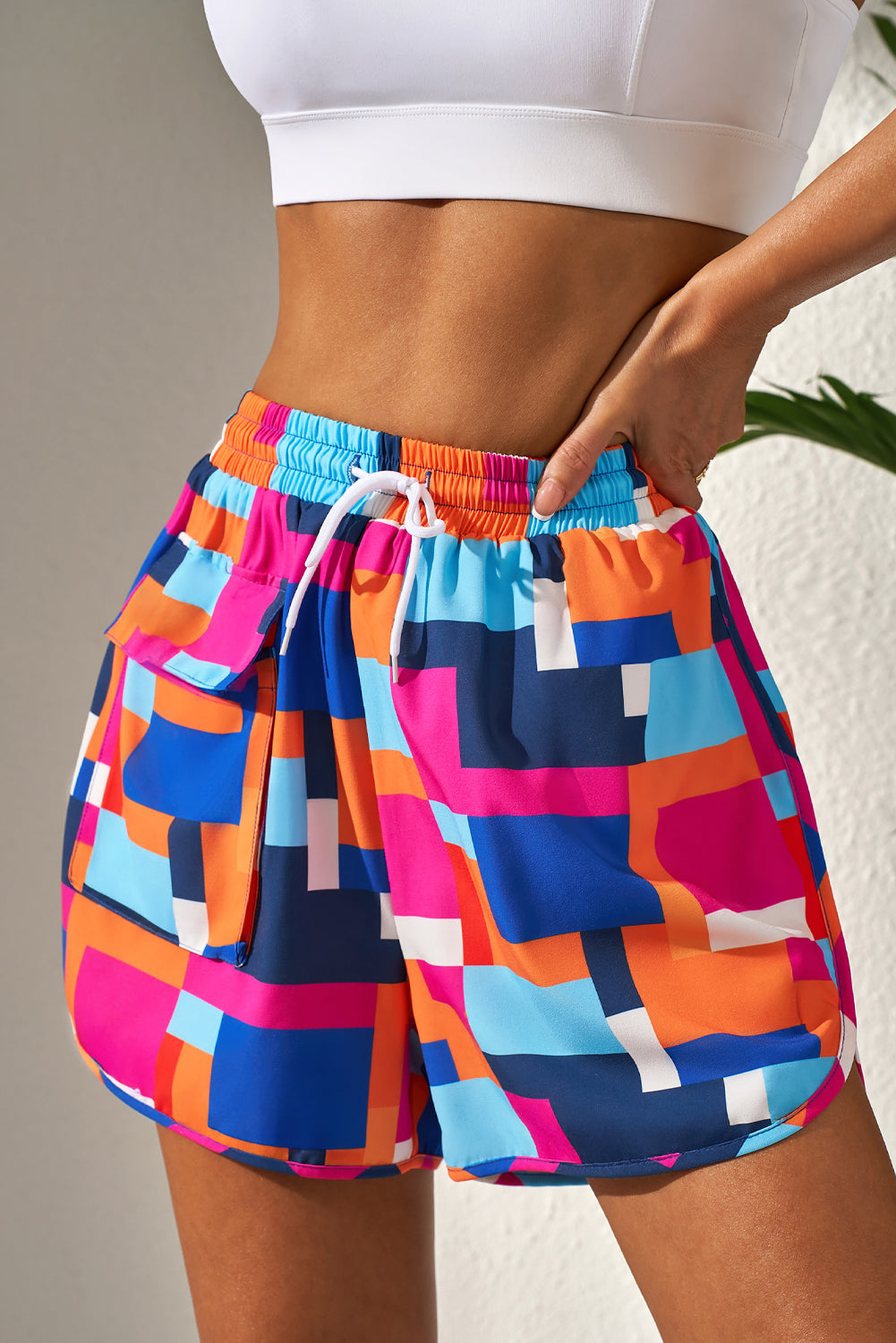 Rose Geometric Printed Drawstring Waist Beach Shorts with Pockets-Swimwear/Swim Bottoms-[Adult]-[Female]-2022 Online Blue Zone Planet