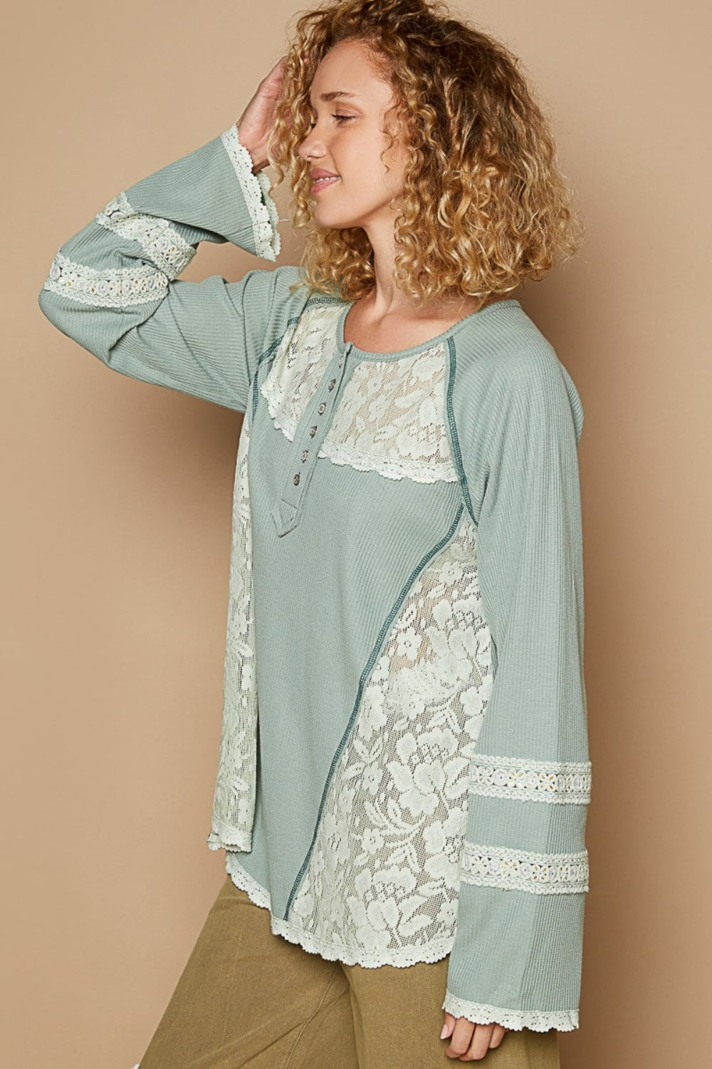 POL Round Neck Long Sleeve Lace Trim Thermal Top-TOPS / DRESSES-[Adult]-[Female]-2022 Online Blue Zone Planet