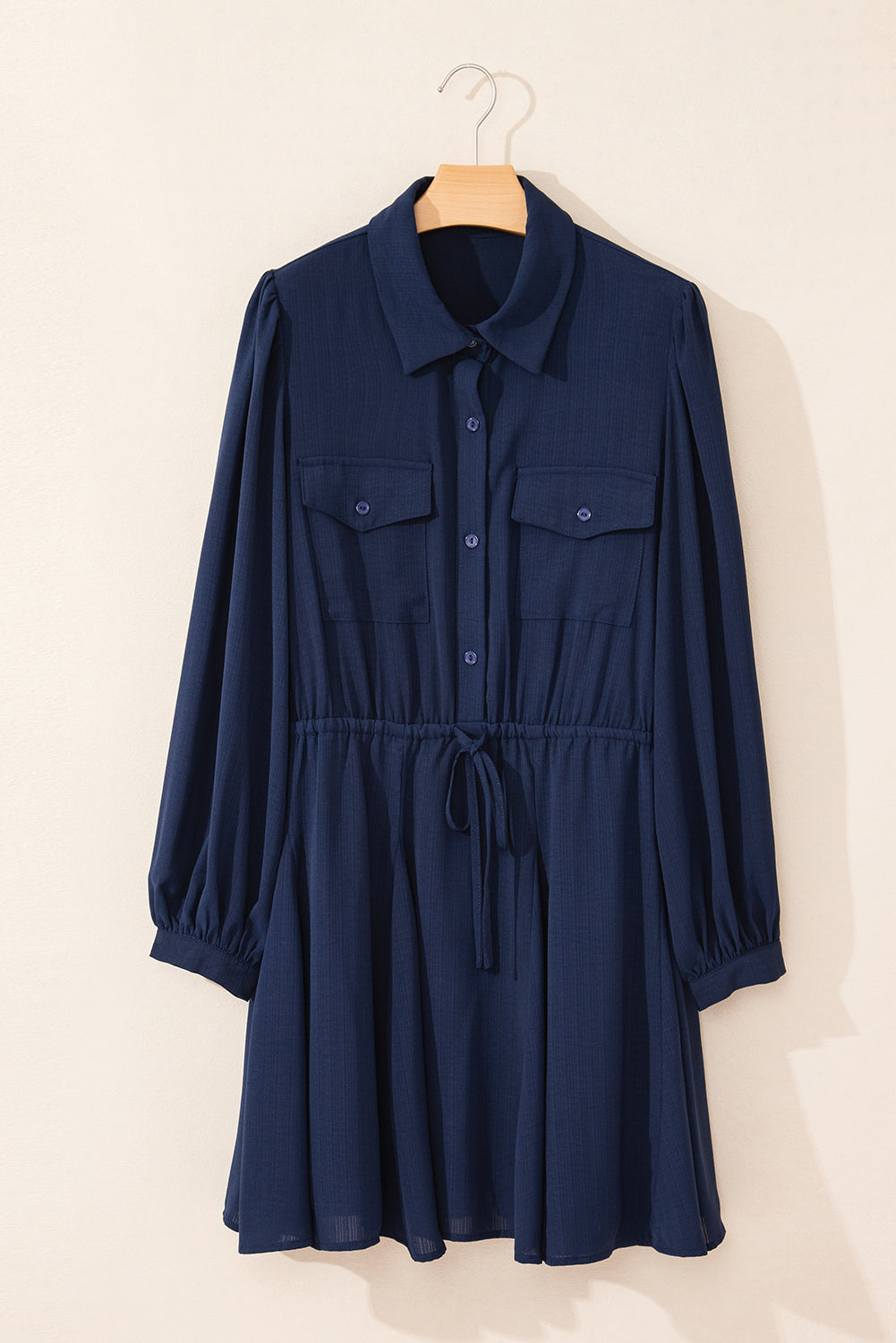 Blue Zone Planet | Navy Blue Solid Chest Pockets Tunic Shirt Mini Dress-TOPS / DRESSES-[Adult]-[Female]-2022 Online Blue Zone Planet