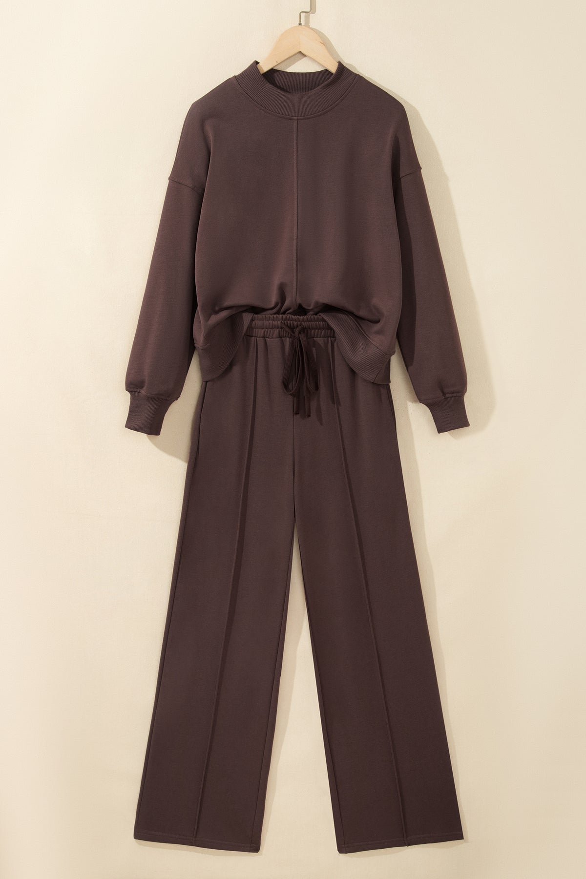 Coffee Solid Color Piping Trim Mock Neck Pullover Drawstring Pants Set-Two Piece Sets/Pant Sets-[Adult]-[Female]-2022 Online Blue Zone Planet