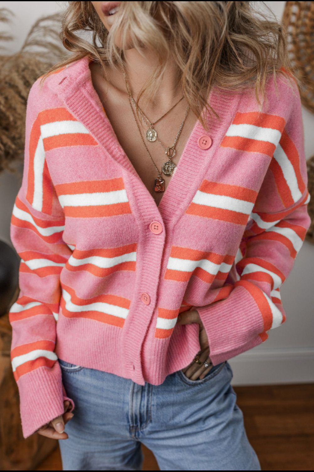 Striped Button Down Long Sleeve Cardigan-TOPS / DRESSES-[Adult]-[Female]-Pink-S-2022 Online Blue Zone Planet