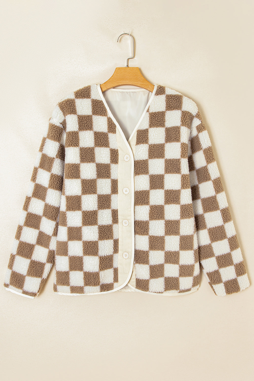 Brown Checkered Sherpa Buttoned Front Chunky Jacket-Outerwear/Jackets-[Adult]-[Female]-2022 Online Blue Zone Planet