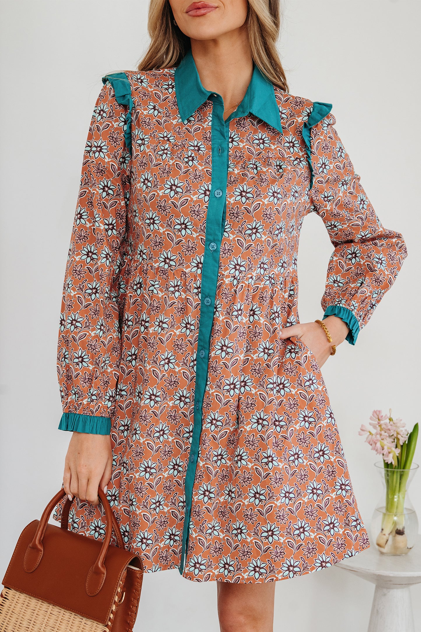 Orange Boho Floral Contrast Collared Shirt Mini Dress-TOPS / DRESSES-[Adult]-[Female]-2022 Online Blue Zone Planet
