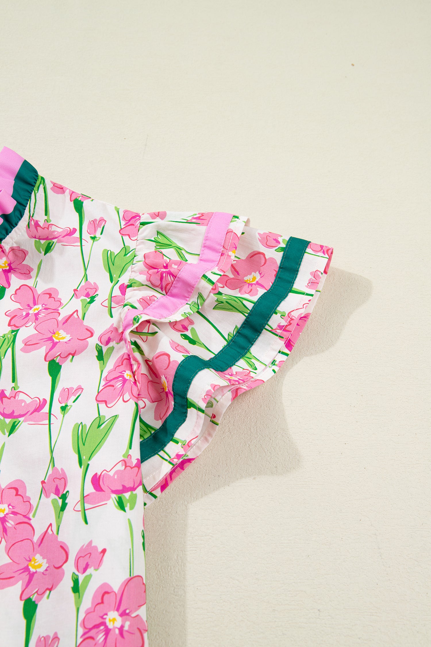 Pink Floral Print Contrast Trim V Neck Double Ruffled Short Sleeve Blouse-Tops/Blouses & Shirts-[Adult]-[Female]-2022 Online Blue Zone Planet