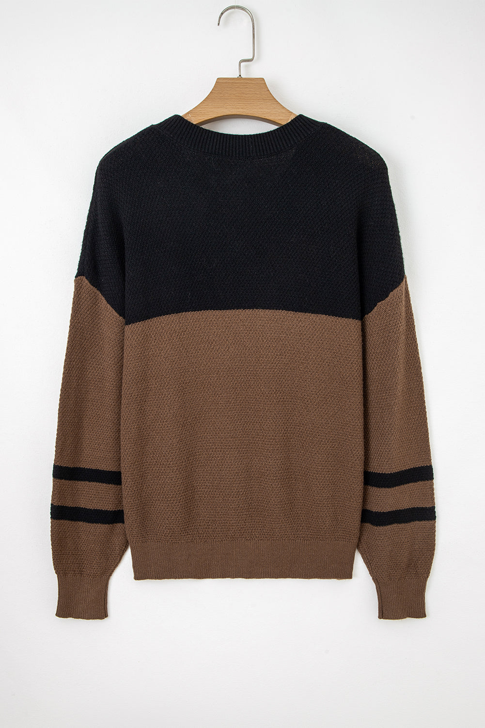 Dark Brown Color Block Knit Striped Sleeve Detail Casual Sweater-TOPS / DRESSES-[Adult]-[Female]-2022 Online Blue Zone Planet