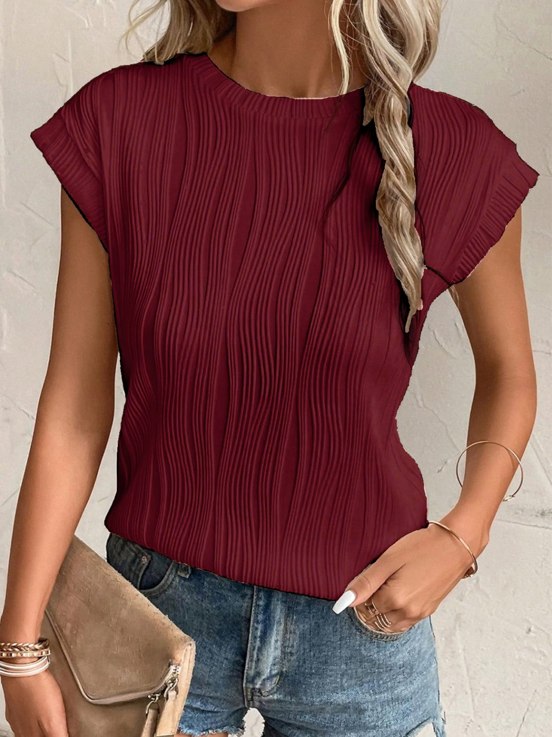 Textured Round Neck Cap Sleeve T-Shirt-TOPS / DRESSES-[Adult]-[Female]-Burgundy-S-2022 Online Blue Zone Planet