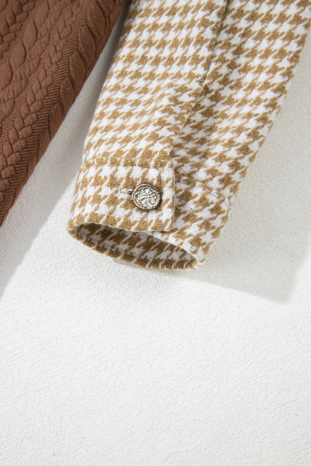 Khaki Houndstooth Color Contrast Textured Patchwork Loose Shacket-Outerwear/Jackets-[Adult]-[Female]-2022 Online Blue Zone Planet