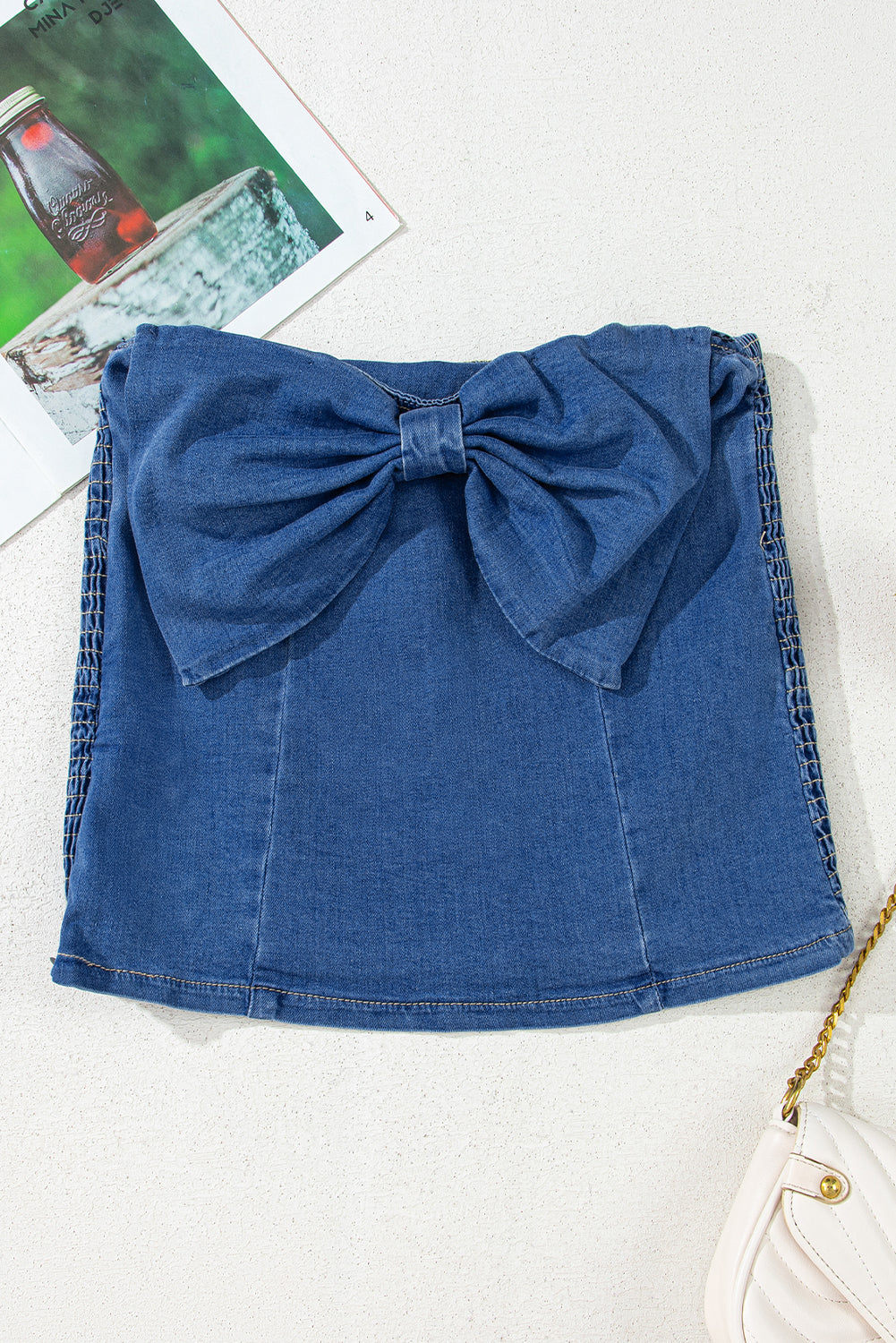 Sail Blue Vintage Bow Front Smocked Back Denim Tube Top-Tops/Tank Tops-[Adult]-[Female]-2022 Online Blue Zone Planet